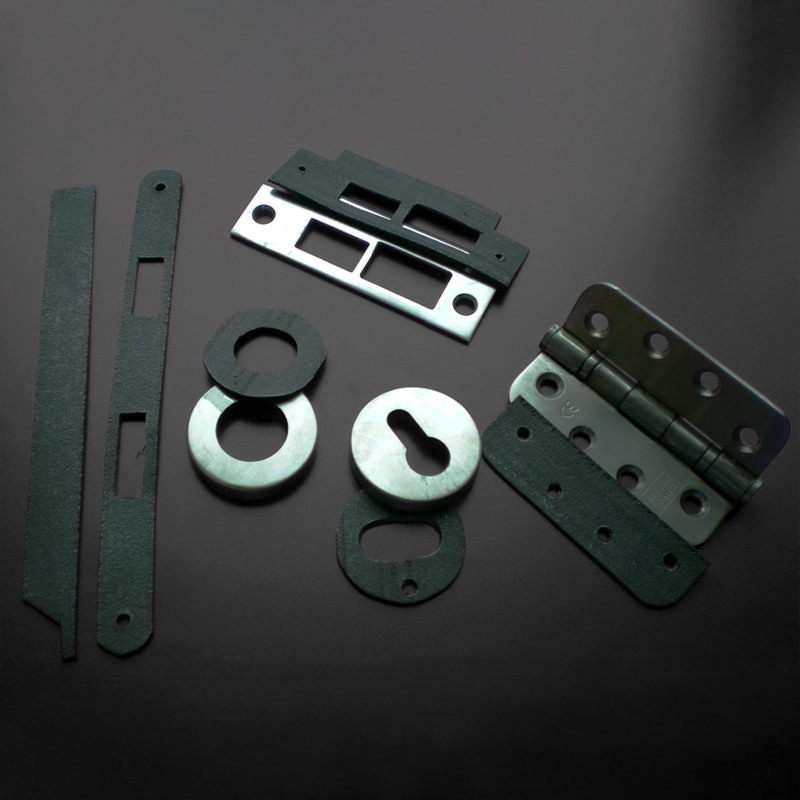 SEALz Intumescent Hardware Pads, custom cut for lockcases, strikeplates, door closers, escutcheons, and other shapes.